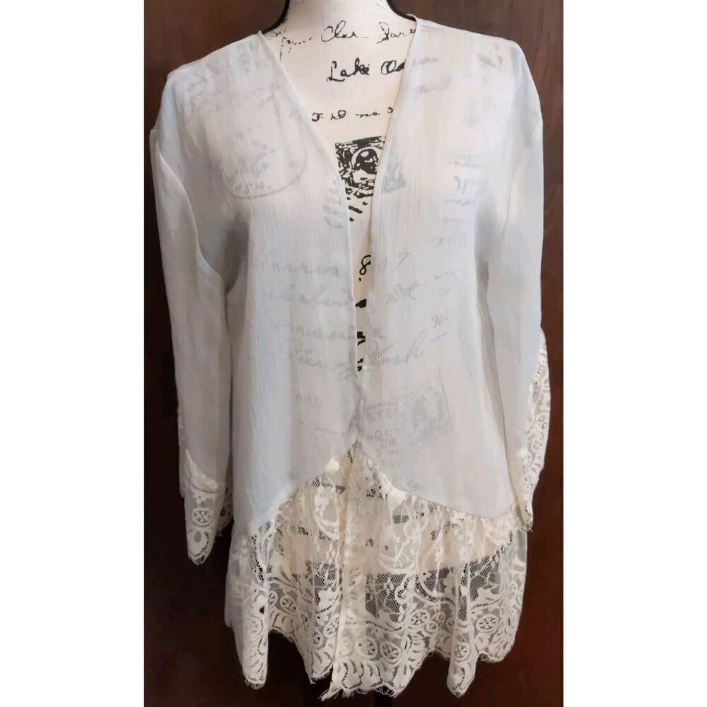 BKE Boutique Womens Large White Open Duster Lace Sheer Caftan Kaftan Cover Up